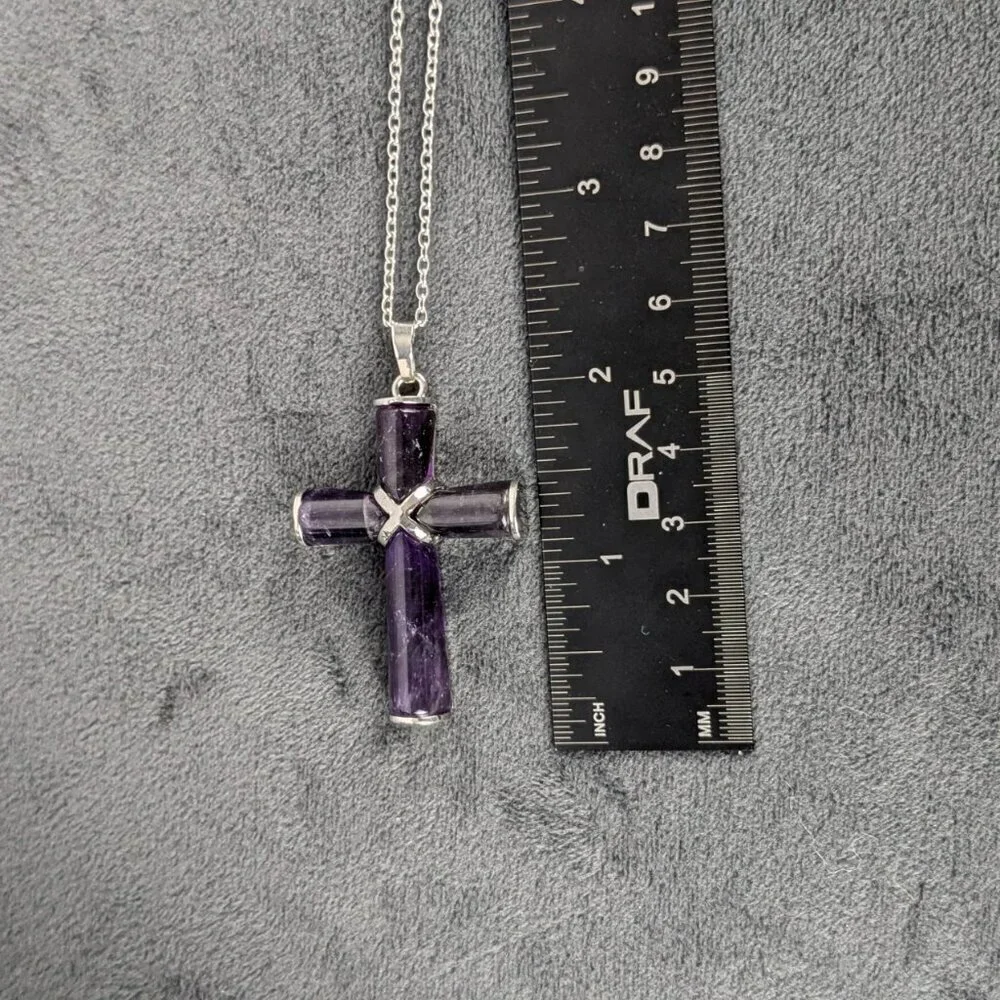 Amethyst and silver color cross pendant, free chain, unisex women men
